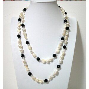 Freshwater Pearl & Black Onyx Beaded Necklace 36" Double Layer Elegant Jewelry